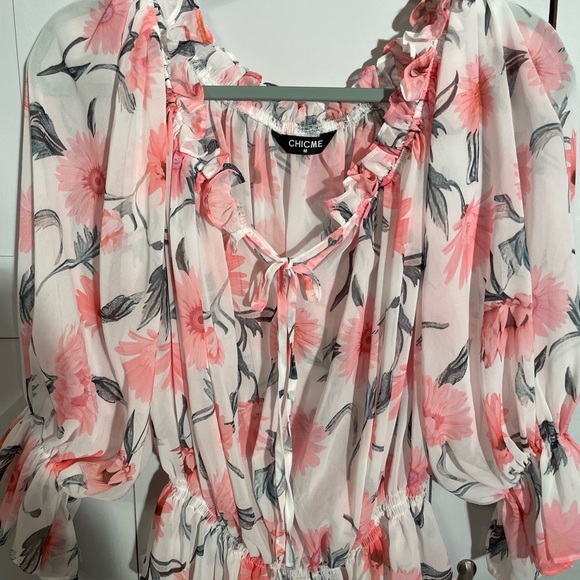 chicme Tops - Chic Pink Sheer and White Floral Blouse with Ruffles